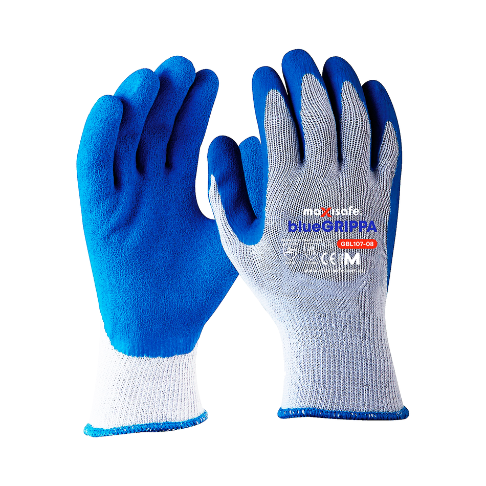 Maxisafe Blue Grippa Glove - Knitted Poly Cotton, Blue Latex Dipped Palm