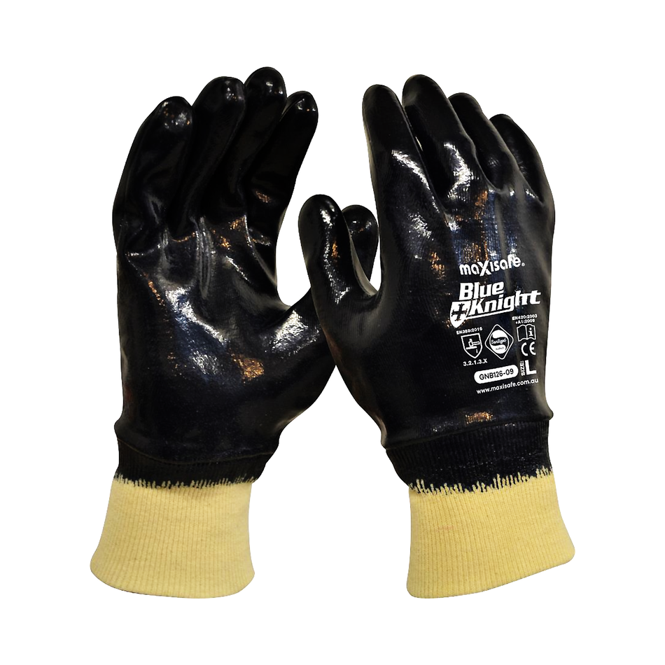Maxisafe Blue Knight Nitrile Fully Dipped Gloves with Knit Wrist