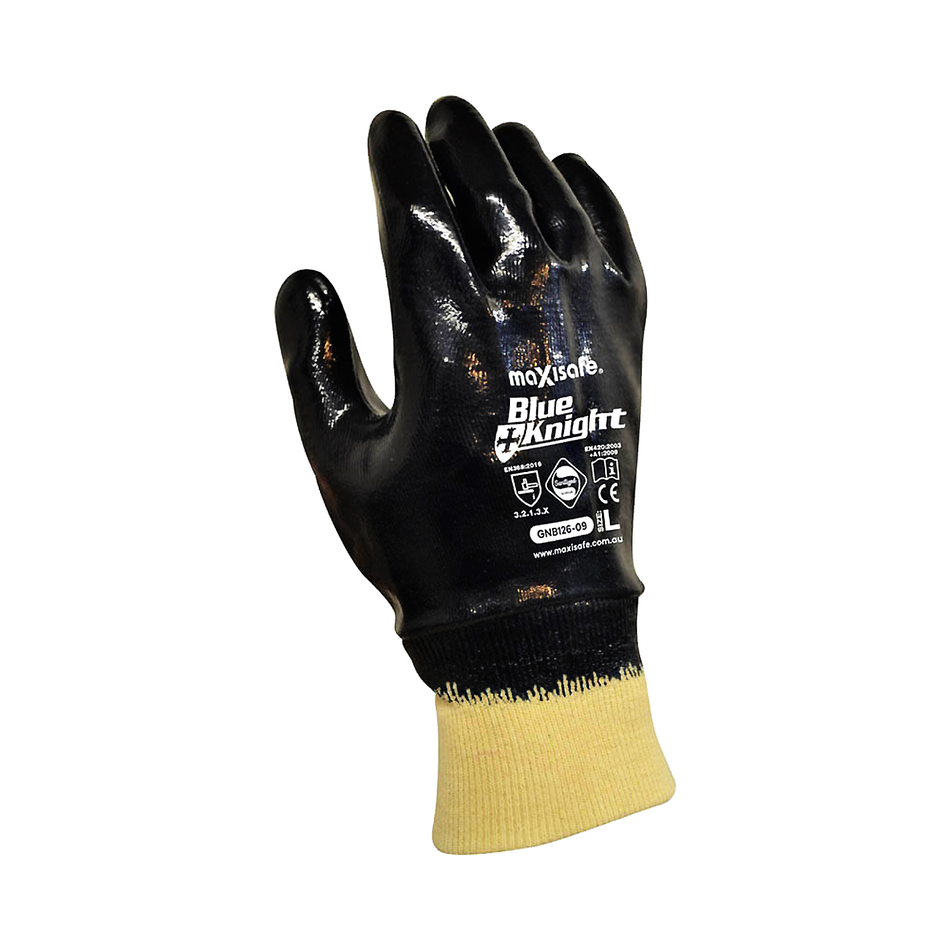 Maxisafe Blue Knight Nitrile Fully Dipped Gloves with Knit Wrist