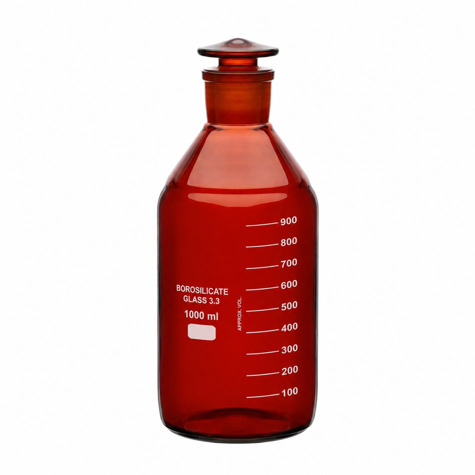 Bottle, Reagent, Heavy Duty, Graduated with Interchangeable Glass Stopper, Narrow Mouth, Amber