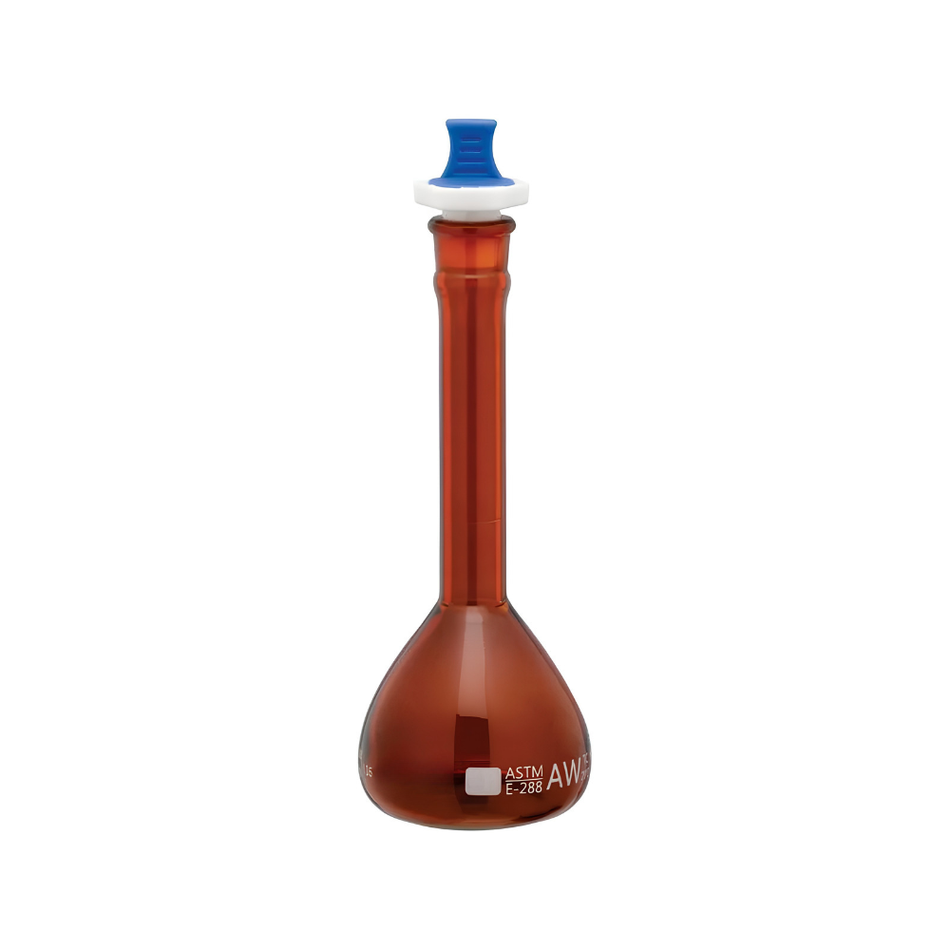 Amber, Volumetric Flask Wide Mouth Heavy Duty with PP Stopper, ASTM Class A