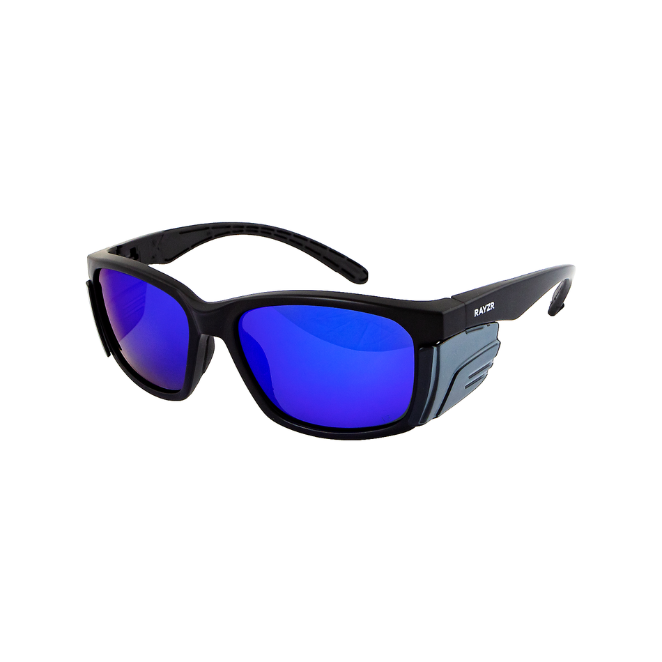 Maxisafe Rayzr Safety Glasses Matte Black Frame Blue Mirror Polarised