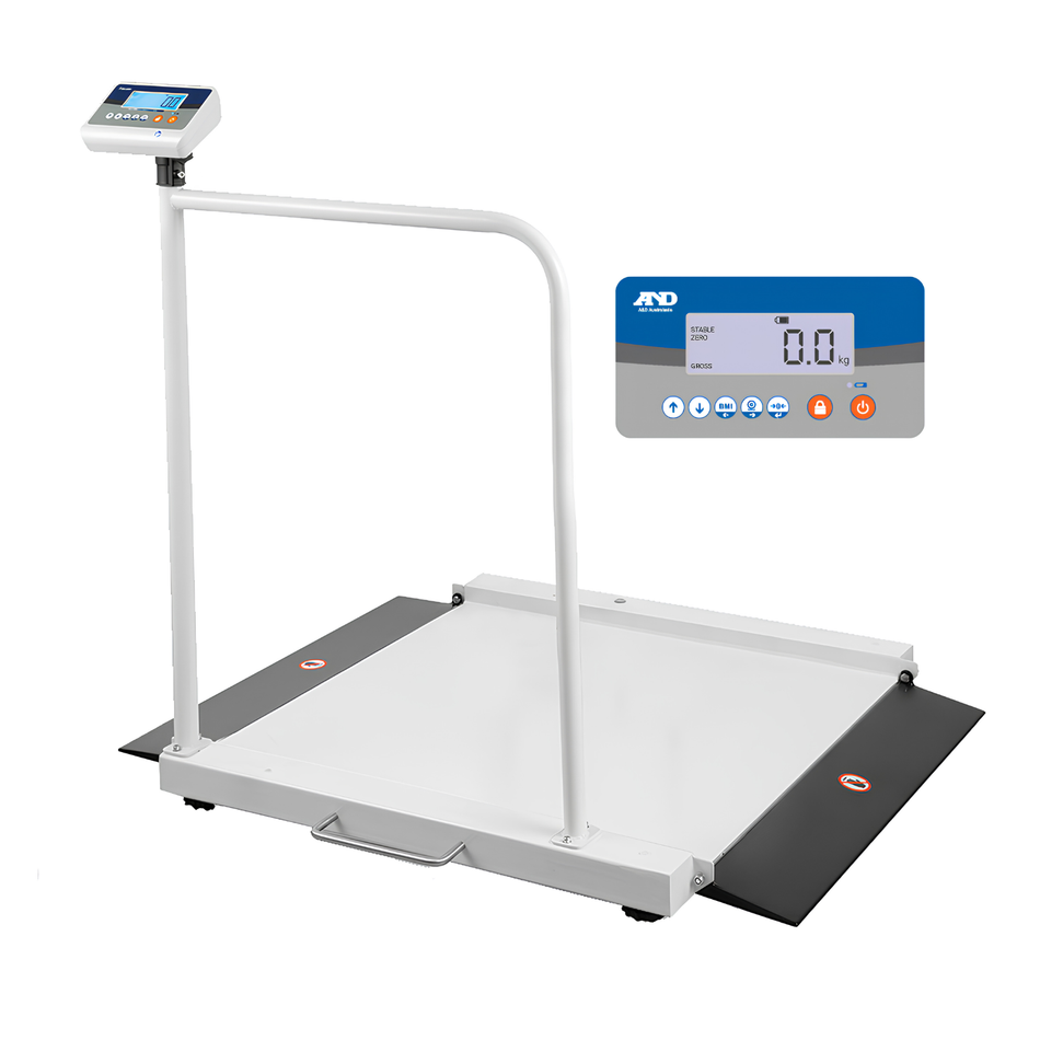 A&D AMW-300 Wheelchair Scale 300kg Capacity x 100g Readability for Accessible Patient Weighing