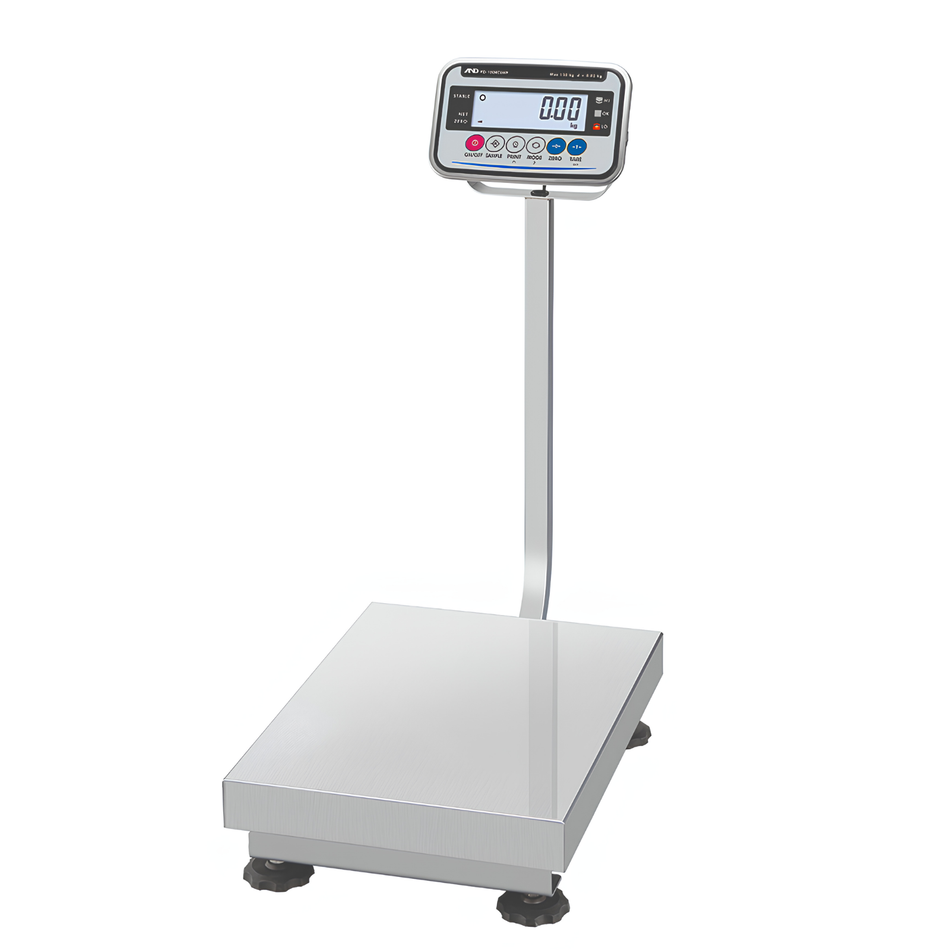 A&D FG-150KCL-WP Stainless Steel Platform Scale 150kg Capacity x Selectable 5g, 10g, 20g & 50g Readability IP67 Waterproof for Food Processing