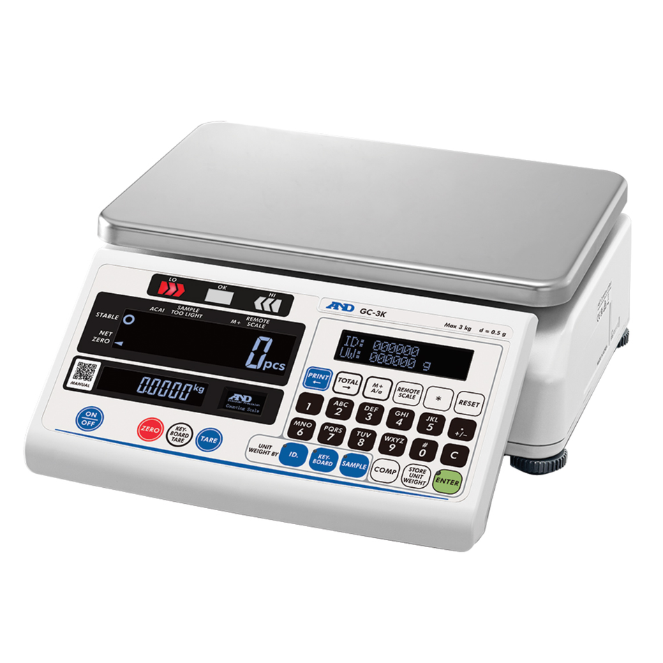 A&D GC-3K High-Resolution Counting Scale 3kg Capacity x 0.5g Readability Precision Parts Counting for Manufacturing & Inventory Management Applications