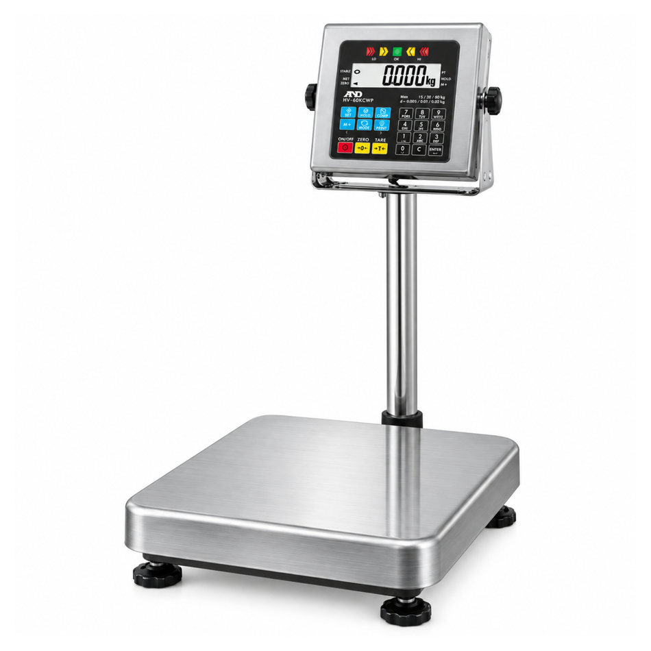 A&D HV-15KCWP IP65 Waterproof Platform Scale 15kg Capacity x 1g Readability Stainless Steel for Industrial & Wet Area Applications