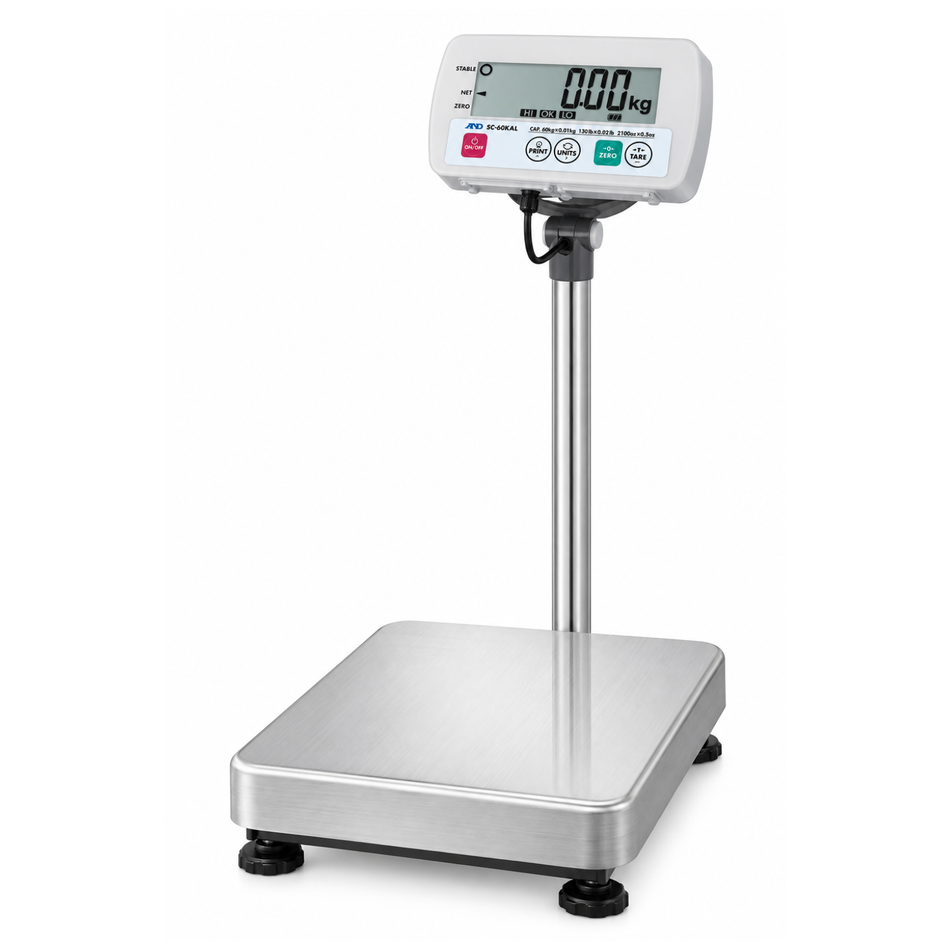 A&D SC-150KAL Trade Approved Wet Area Scale 150kg Capacity x 50g Readability IP68 Stainless Steel Platform for Food Processing & Industrial Applications