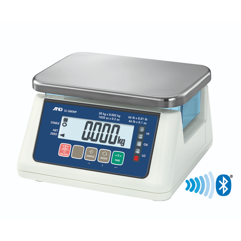 A&D SJ-3000WP-BT Non-Trade Bluetooth Compact Bench Scale 3kg Capacity × 0.1g Readability IP67 Waterproof Weighing