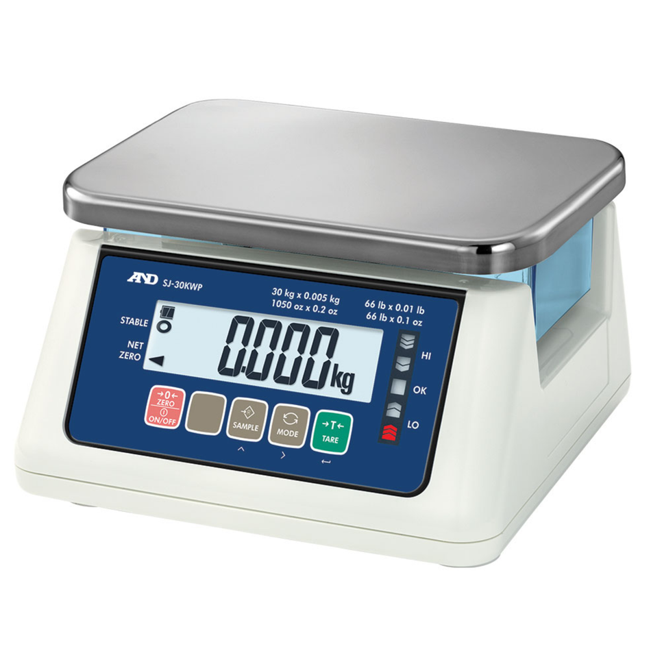A&D SJ-3000WP Non-Trade Compact Bench Scale 3kg Capacity × 0.1g Readability Waterproof Weighing for Industrial & Commercial Applications
