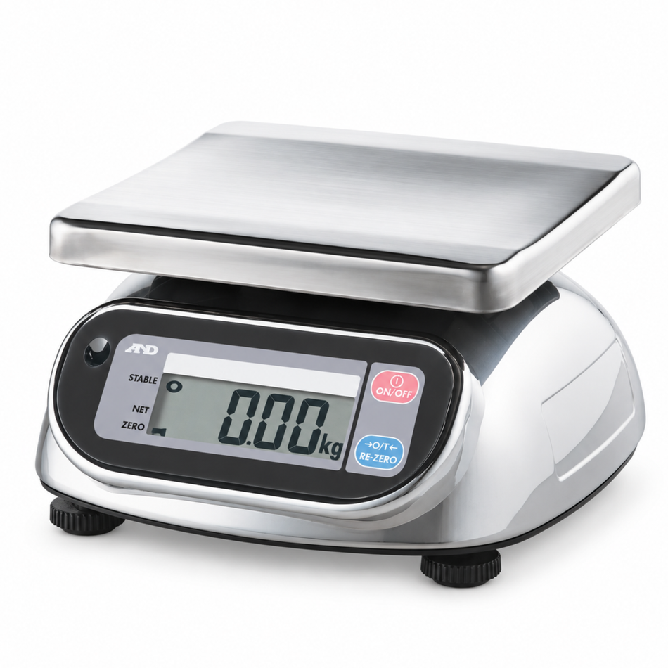 A&D SK-5001WP Non-Trade Stainless Steel Waterproof Bench Scale 5kg Capacity x 1g Readability for General Weighing Applications
