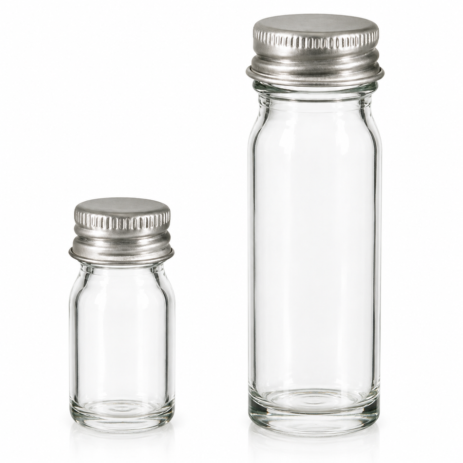 Bottle, McCartney Bijou Universal, Wide Mouth, Clear Neutral Glass, with Aluminium Cap and Rubber Washer