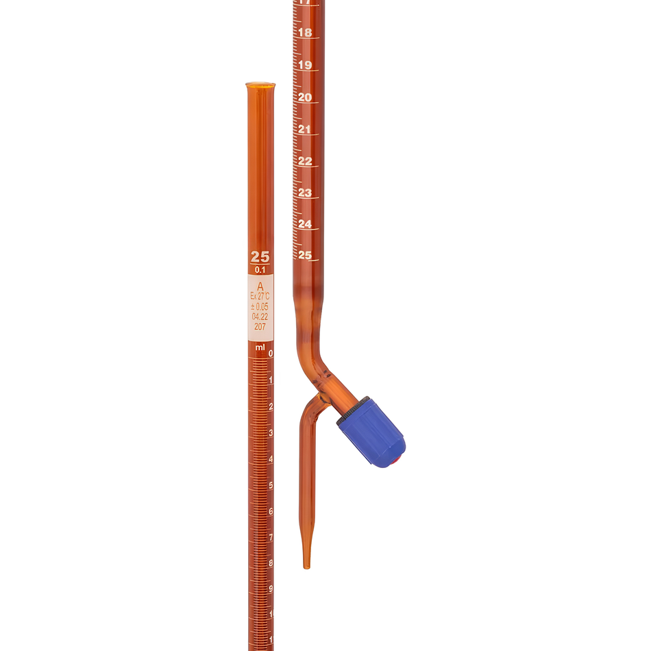 Burette Amber Borosilicate Glass With Screw Type PTFE Needle Valve Stopcock Rotaflow ISO Class A