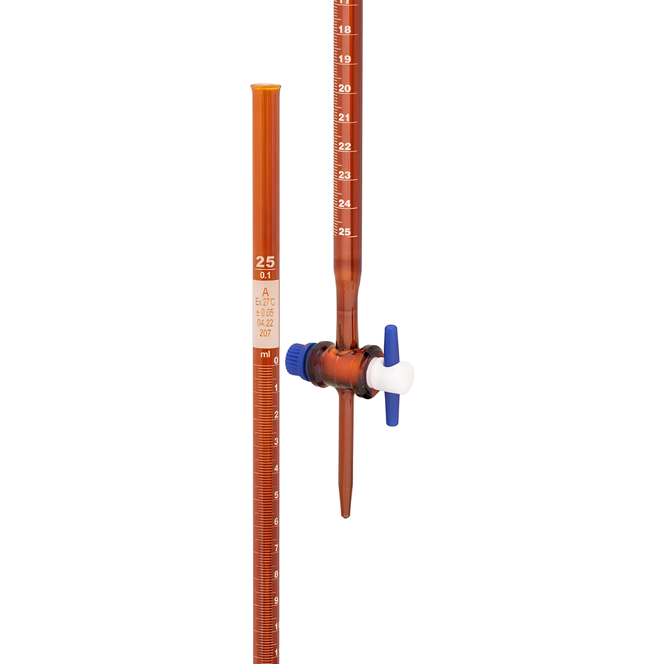 Burette Amber Borosilicate Glass With Straight Bore PTFE Key Stopcock ISO Class A