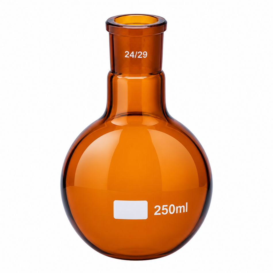 Flask Round Bottom Single Neck Borosilicate Glass Amber Colour