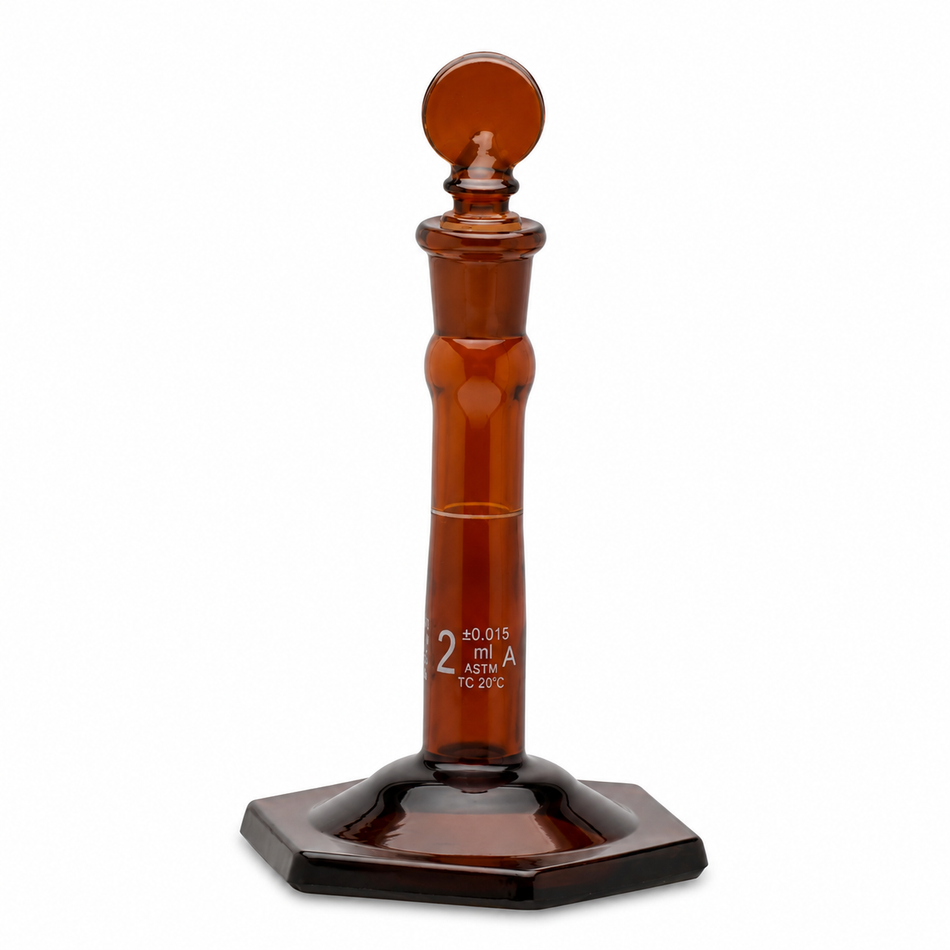Flask Volumetric, Amber, Micro with Hexagonal Base & Penny Head Glass Stopper ASTM “Class A”