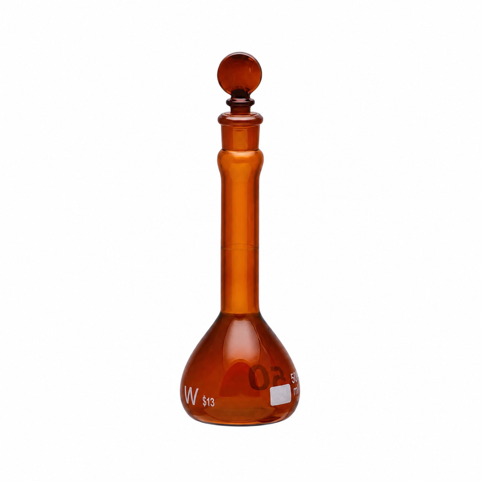 Flask Volumetric, Amber, Wide Mouth Heavy Duty, With Glass Stopper