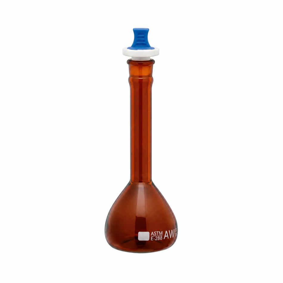 Flask Volumetric, Amber, Wide Mouth Heavy Duty, With PP Stopper, ASTM “Class A”