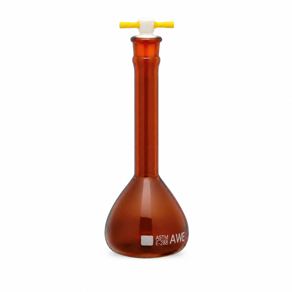 Flask Volumetric, Amber, Wide Mouth Heavy Duty, With PTFE Stopper, ASTM “Class A”