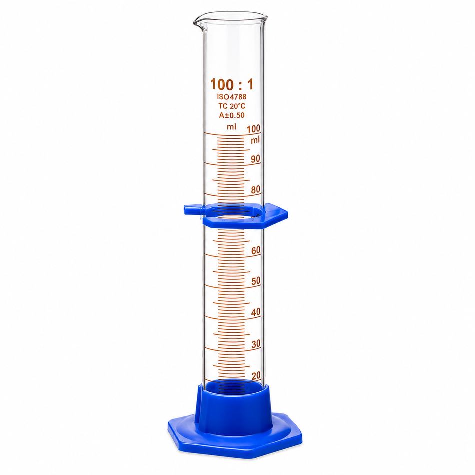 Measuring Cylinder Borosilicate Glass With Detachable Plastic Base Protection Collar ISO Class A