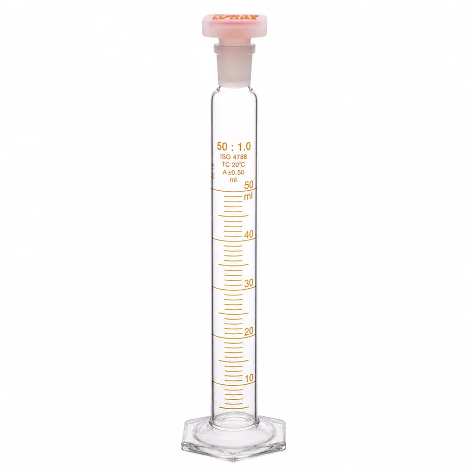 Measuring Cylinder Borosilicate Glass With Hexagonal Glass Base and PP Super Stopper ISO Class A