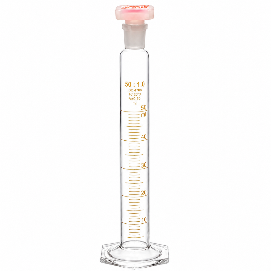 Measuring Cylinder with Hexagonal Base and Interchangeable Glass Stopper, Class A