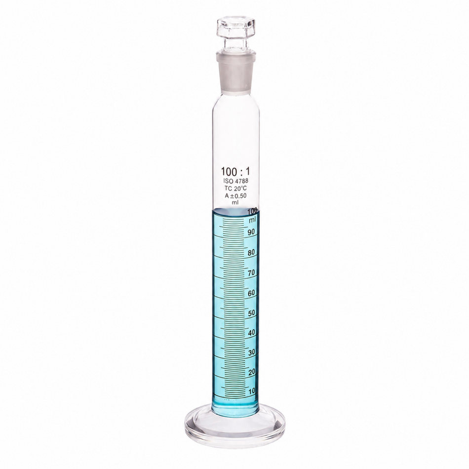 Measuring Cylinder with Round Glass Base and Interchangeable Glass Stopper, Class A