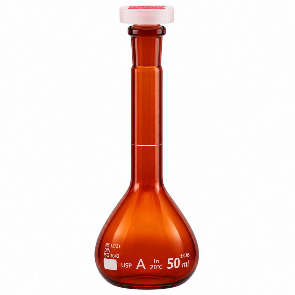Volumetric Flask Amber Borosilicate Glass With PP Stopper USP Class A
