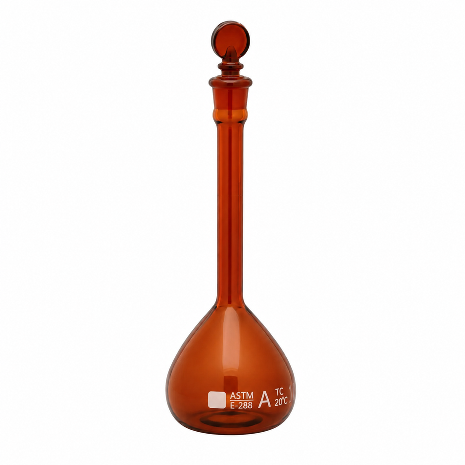 Volumetric Flask Amber Narrow Mouth Borosilicate Glass With Penny Head Glass Stopper ASTM Class A