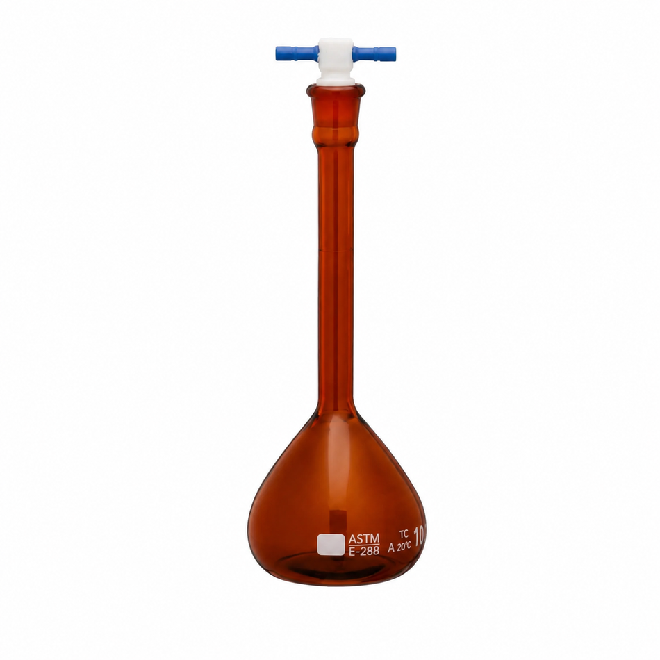 Volumetric Flask Amber Narrow Mouth Borosilicate Glass With PTFE Stopper ASTM Class A