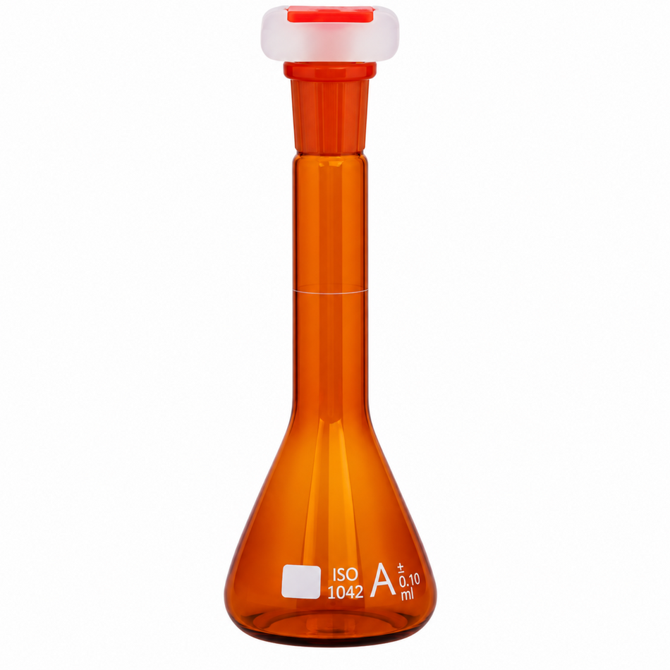 Volumetric Flask Trapezoidal Amber Borosilicate Glass With PP Stopper ISO Class A