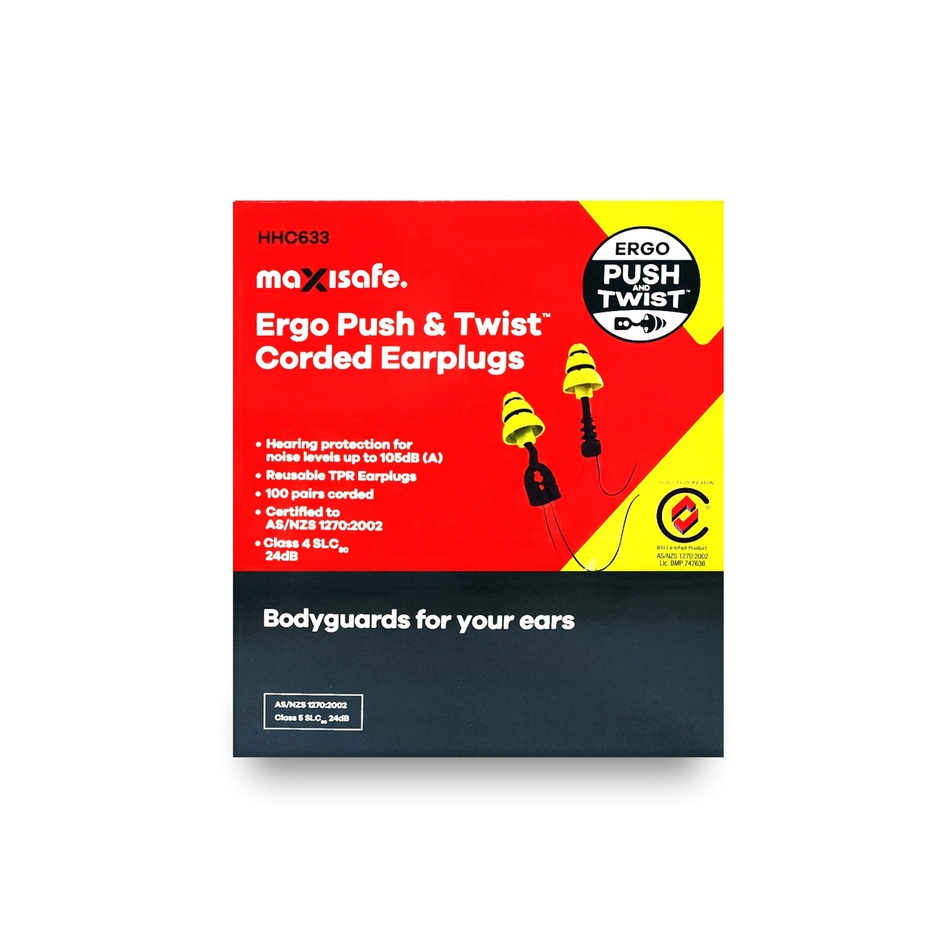 Maxisafe Ergo Push and Twist Corded Earplugs Class 4
