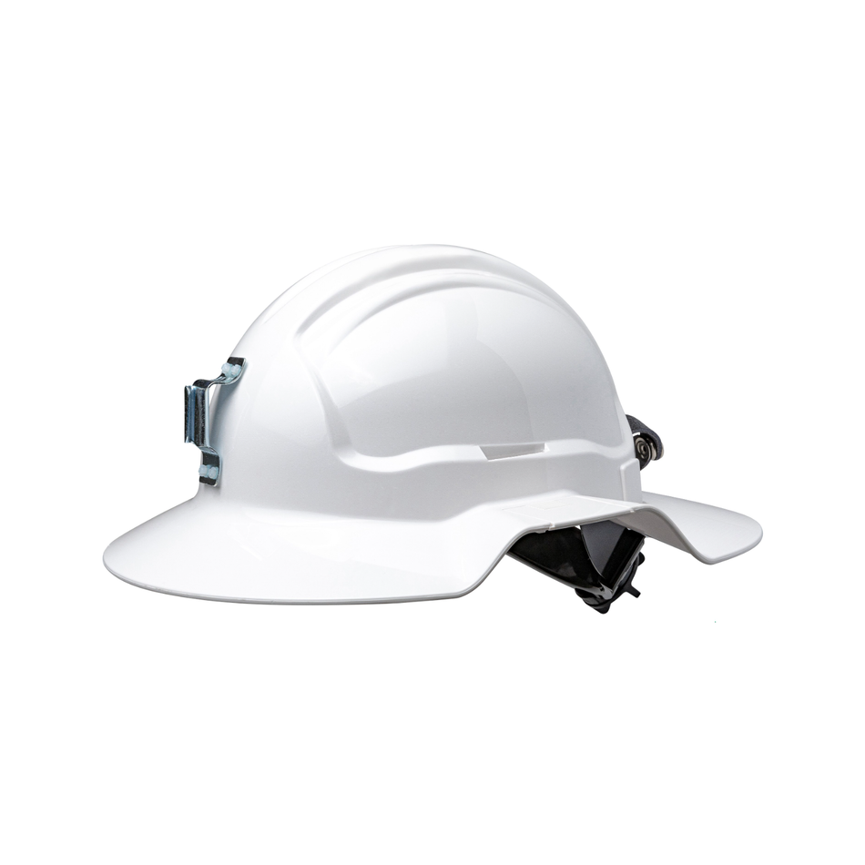 Maxisafe White Broadbrim Non Vented Hard Hat with Metal Miners Bracket