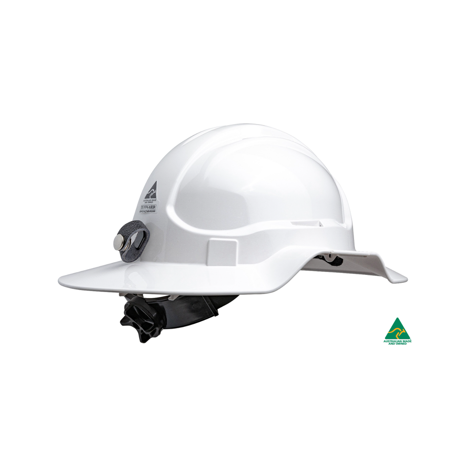 Maxisafe White Broadbrim Non Vented Hard Hat with Metal Miners Bracket