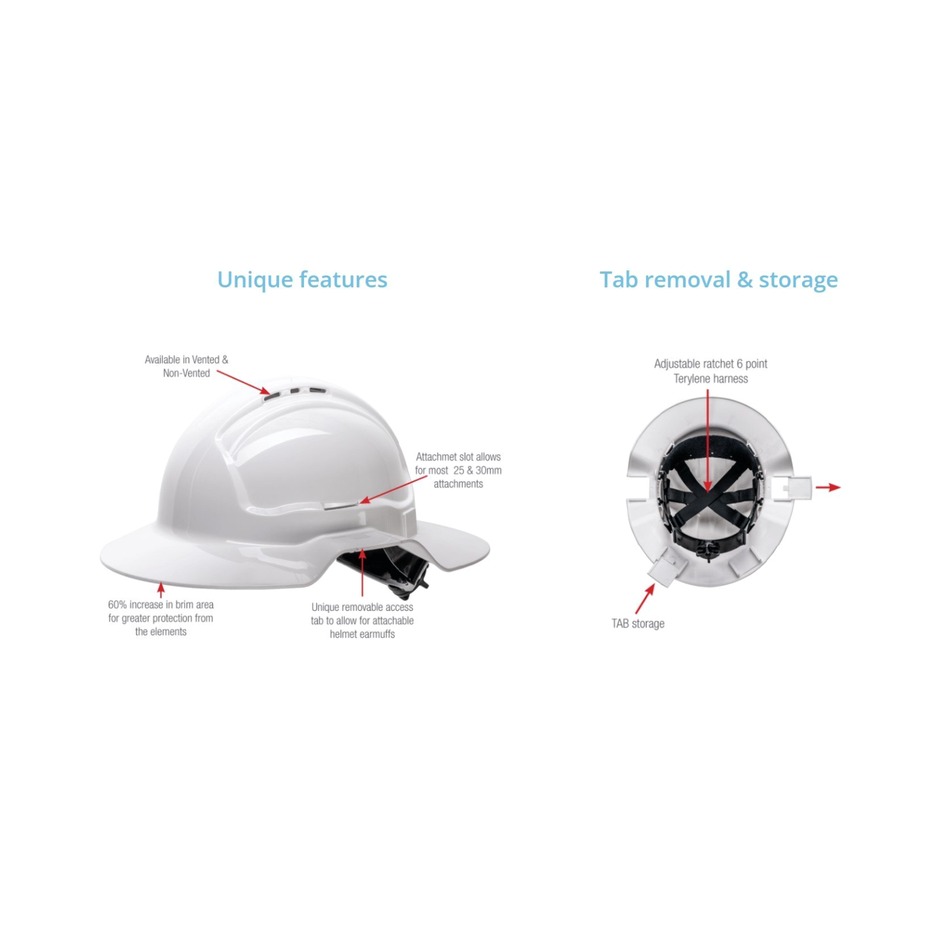 Maxisafe White Broadbrim Hard Hat with Metal Miners Bracket