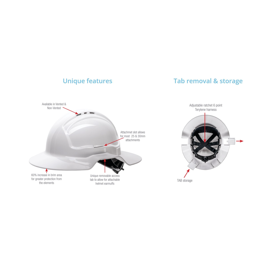 Maxisafe White Broadbrim Hard Hat with Plastic Miners Bracket